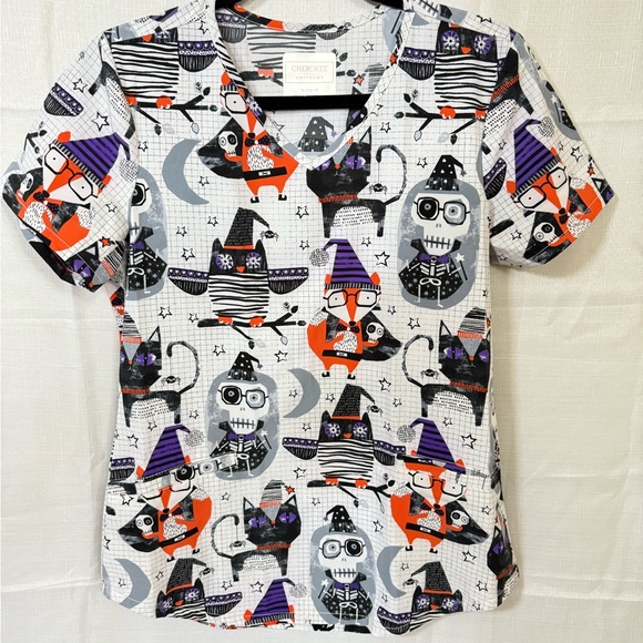 Cherokee Other - Cherokee Halloween Graphic Scrub Top - Black, Orange, Purple